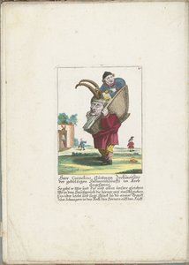 De dwerg Cornelius Guttman som hoorndrager, ca. 1710 Mr. Cornelius Guttman drukkenbolten fra det tålmodige hanelaug spændt i en kurv (titel på objekt) Il Callotto resurcitato eller nyindrettet lille kabinet (serietitel) af Martin Engelbrecht (attributed to)