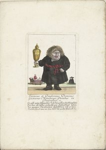 Dværgen Gustavus Weinberger som gejstlig med en kop, ca. 1710 Eximius et Ponderosus Dominus Gustavus Weinberger Sogn i Panzendorf osv. (titel på objekt) Il Callotto resurcitato oder Neu eingerichts Zwerchen Cabinet (serietitel) af Martin Engelbrecht (attributed to)