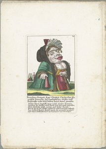 Karikatur af Porzellana Kinkank Porzellana Kinkank, Kuey Chinkim Choâm En mogolsk prinsesse, det lapske land besad Kuchlmeister på øen Deserta Nutsch Moloff, hustru (titel på objektet) Il Callotto resurcitato eller ommøbleret af Martin Engelbrecht (attributed to)