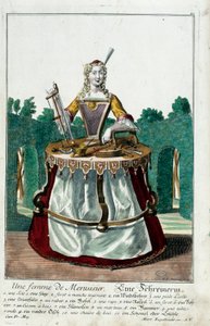 Metier: En tømrerkone. Stik af Martin Engelbrecht (1684-1756), i "" Ny samling af manouvries habilles"" 1700-tallet, Tyskland. Paris, dekorativ kunst af Martin Engelbrecht