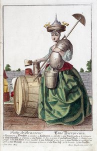 Repræsentation af en brygmesterfrue, der bærer en tragt på hovedet, en kornpose, en skål, en spand og en øltønde. Gravering af Martin Engelbrecht (1684-1756)