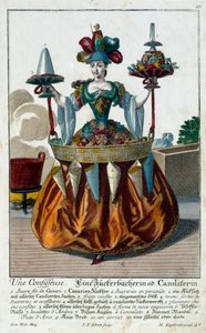 Konditoren: en ung kvinde, der holder en bakke med slik og konfekture. Stik af Martin Engelbrecht (1684-1756) 1700-tallet. Paris, dekorativ kunst