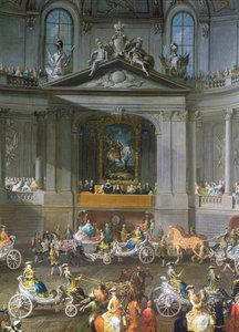 En kavalkade i vinterrideskolen i Wien Hof for at fejre den franske hærs nederlag ved Prag, der viser rytterportrættet af kejser Karl VI, 1743 detalje af 67400, se også 665 af Martin II Mytens or Meytens