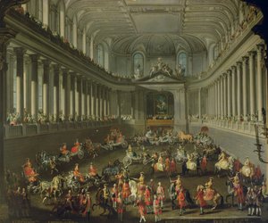 En kavalkade i vinterrideskolen i Wien Hof for at fejre den franske hærs nederlag ved Prag, 1743 (for detaljer se 66596 og 66708) af Martin II Mytens or Meytens