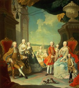 Maria Theresa og hendes mand ved trappen, der fører fra den store sal i Schloss Schonbrunn ind i den store gårdhave, med deres børn Joseph II, Karl, Leopold II, Ferdinand, Mariana, Elizabet af Martin II Mytens or Meytens
