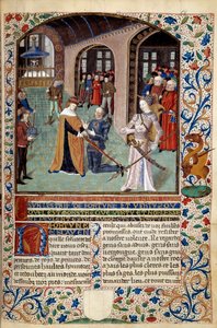 Allegori om dyd: vasal, der hylder sin herre i nærvær af dyd. Miniature fra "The Spirit of Fortune and Virtue" af Martin Le Franc (1410-1461) 1447-1448, Paris B.N. af Martin Le Franc