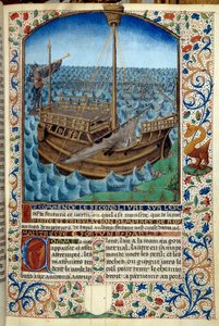 Repræsentation af et skib til søs - Miniature fra "Lykkens og dydens ånd" af Martin Le Franc (1410-1461) 1447-1448 - Paris B.N. - Skib til søs - Miniaturemaleri fra manuskriptet "Lykkens og dydens ånd" af Martin Le Franc (1410-1461) af Martin Le Franc