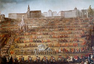 Maria Isabella af Bourbon Parmas (1741-1763) indgang til Wien i anledning af hendes ægteskab med kejser Josef II af Østrig (1741-1790), i baggrunden Augustinerkirken og hoffets bibliotek En enorm kortege er organiseret igennem