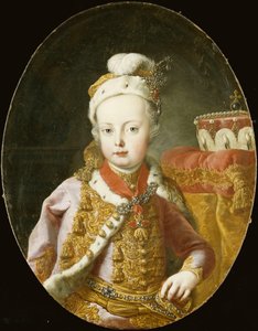 Portræt af ærkehertug Joseph, senere kejser Joseph II af Østrig, halvlængde, i en guldbroderet lyserød fløjlsjakke med hermelinbeklædning, en fjerbeklædt kasket prydet med en broche og iført Det Gyldne Fleece-orden,