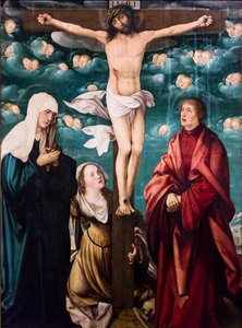 Korsfæstelse med Jomfru Maria, Sankt Maria Magdalene og Sankt Johannes Evangelisten, ca. 1525-1530 (Tempera og olie på gran)