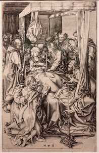 Gravering på papir. Jomfruens død. Martin Schongauer. Ca 1470-1491. (gravering på papir) af Martin Schongauer