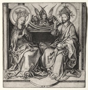 Gud Faderen og den velsignede jomfru på tronen overværet af engle af Martin Schongauer
