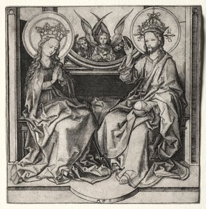Gud Faderen og den velsignede jomfru på tronen overværet af engle, ca. 1480-90. af Martin Schongauer