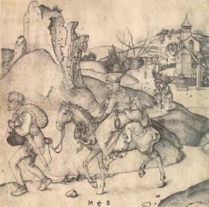 Bondefamilie på vej til markedet, mellem 1473 og 1475. af Martin Schongauer