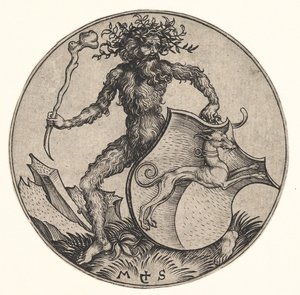 Skjold med Greyhound Holdt af Wild Man, ca. 1435-1491. af Martin Schongauer