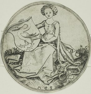 Skjold med en svane, holdt af en siddende dame af Martin Schongauer