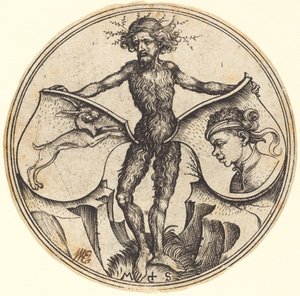 Skjolde med kanin og maurhoved, holdt af vild mand af Martin Schongauer