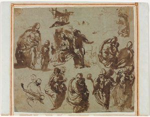 Forskellige skitser af madonnaen og barnet (recto) arkitekturstudier (verso) [delvis synlig på recto] af Martin Schongauer