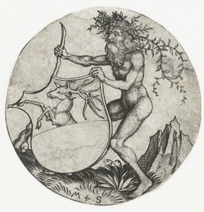Våbenskjold med en hjort, holdt af en vild mand med en kølle Figurer med våbenskjolde (serietitel) af Martin Schongauer