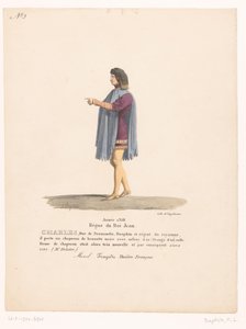Kostuum van de dauphin Karel van Valois ud af tragedie Marcel Charles, hertug af Normandiet (titel på objekt) Theaterkostuums (serietitel) Fransk Teater: samling af kostumer af MM. J. Alaux og L. Duponchel fra manuskripttegninger i Bibliot af Martin Sylvestre Baptiste