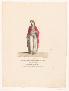 Kostuum van koningin Berthe ud af tragedie Belejringen af ​​Paris Berthe (titel på objekt) Theaterkostuums (serietitel) Fransk Teater: samling af kostumer af MM. J. Alaux og L. Duponchel baseret på manuskripttegninger fra Bibliothèque de la Comédie- af Martin Sylvestre Baptiste