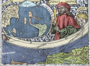 VESPUCCI, Amerigo (1454-1512). Italiensk opdagelsesrejsende og kartografi i "Waldseemuller-kort eller Universalis Cosmographia - (Universal Cosmography) - Waldseemuller Planisphere"" - 1507 -