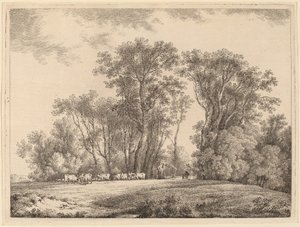 En Eng med Kvæg i Udkanten af en Skov