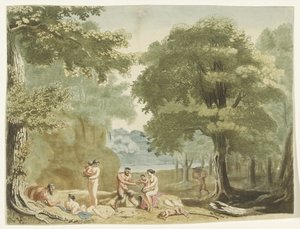 Nymfer og satyrer i et landskab. af Martinus Berkenboom