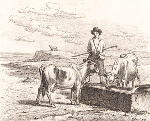 En hyrdedreng ved et vandingstrug. Illustrion til Chr. Winther "Femogtyve Billeder for små Børn" af Martinus Rørbye