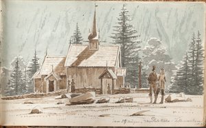 Mennesker ved en stavkirke. I baggrunden en bjergskråning af Martinus Rørbye