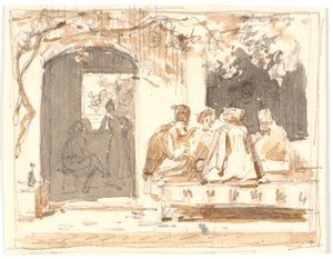 Orientalere ved et Parti Skak uden for et tyrkisk kaffehus og Barberstue af Martinus Rørbye