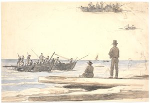 To fiskerbåde sejler ind mod Skagens strand af Martinus Rørbye