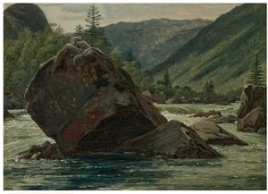 A jutting rock in the rapids (Fos med fremragende Klippestykke) af Martinus Rørbye