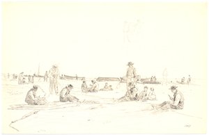 Fiskere bøder garn ved stranden, Skagen af Martinus Rørbye