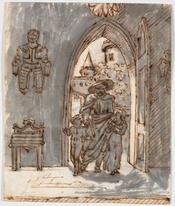 "Gotisk" scene. En skjald fører to børn ind i et gotisk hus af Martinus Rørbye