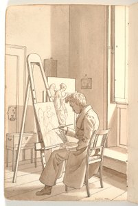 Interiør fra akademiet med ung kunstner malende ved staffeli af Martinus Rørbye