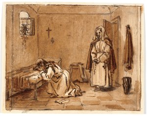 Kompositionsstudie med en grædende kvinde på knæ, på gulvet et brev, bag hende en nonne