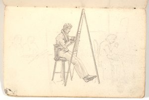 Kunstner ved staffeli, samt rids af figurer i baggrunden af Martinus Rørbye