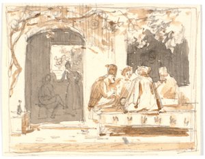 Orientalere ved et Parti Skak uden for et tyrkisk kaffehus og Barberstue af Martinus Rørbye