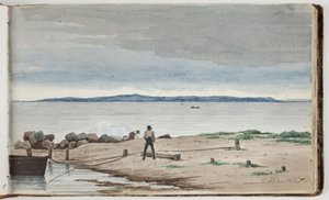 Udsigt mod et strandlandskab med uvejrsskyer på himlen. To mænd arbejder ved en båd og et bål i forgrunden af Martinus Rørbye