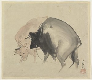 Two Bulls, ca. 1810 (blæk og farver på papir) af Maruyama Oju