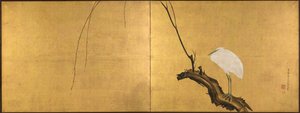 Heron on a Willow Branch, To-panel foldeskærm, slutningen af 1700-tallet (blæk, farve, lak og guld på silke)
