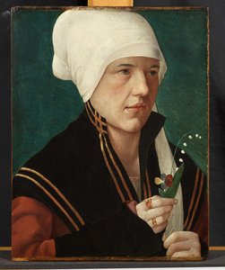 Portræt af en kvinde, der holder en liljekonval og en stedmoderblomst, 1510-20