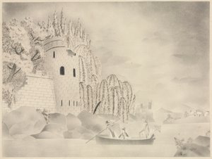 Det ensomme tårn (Slot ved en flod med piletræer og en båd) af Mary Altha Nims