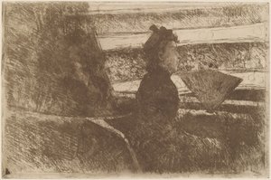 Dame i sort, i en loge, vendt mod højre af Mary Cassatt