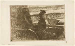 Dame i sort, i en loge, vendt mod højre af Mary Cassatt