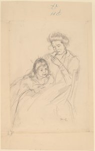 Margot læner sig mod Reines knæ af Mary Cassatt