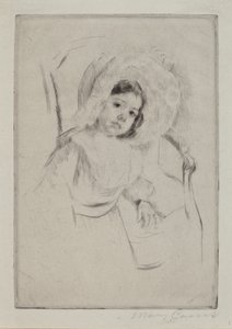 Margot i en floppy motorhjelm lænet op ad en stol af Mary Cassatt