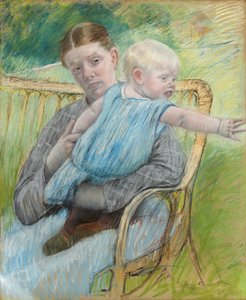 Mathilde holder en baby, der rækker ud til højre, ca. 1889 af Mary Cassatt