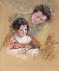 Reine læner sig over Margots skulder, af Mary Cassatt